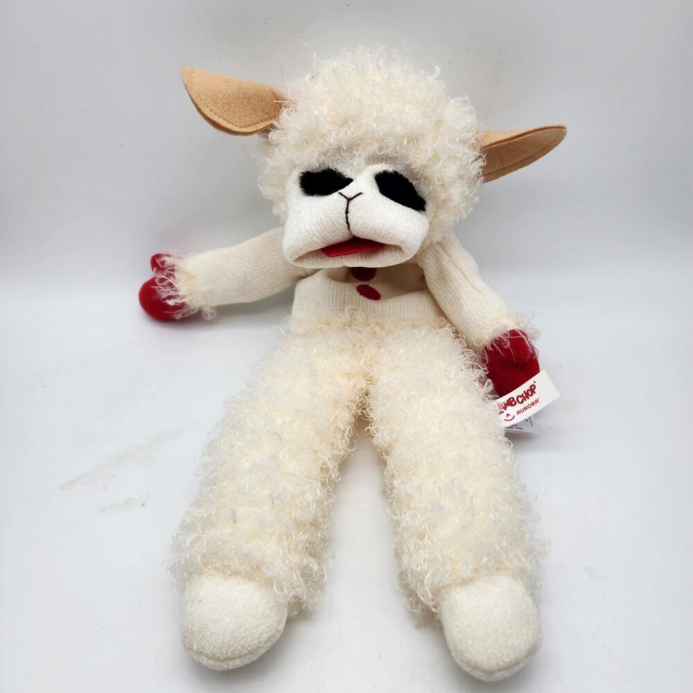 Aurora Lamb Chop Hand Puppet Stuffed Plush 17" White Curly Fur Red Mittens 2012